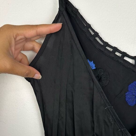 Poupette St Barth Black Satin Embroidered Floral Side Slit Maxi Resort Dress - Picture 9 of 10